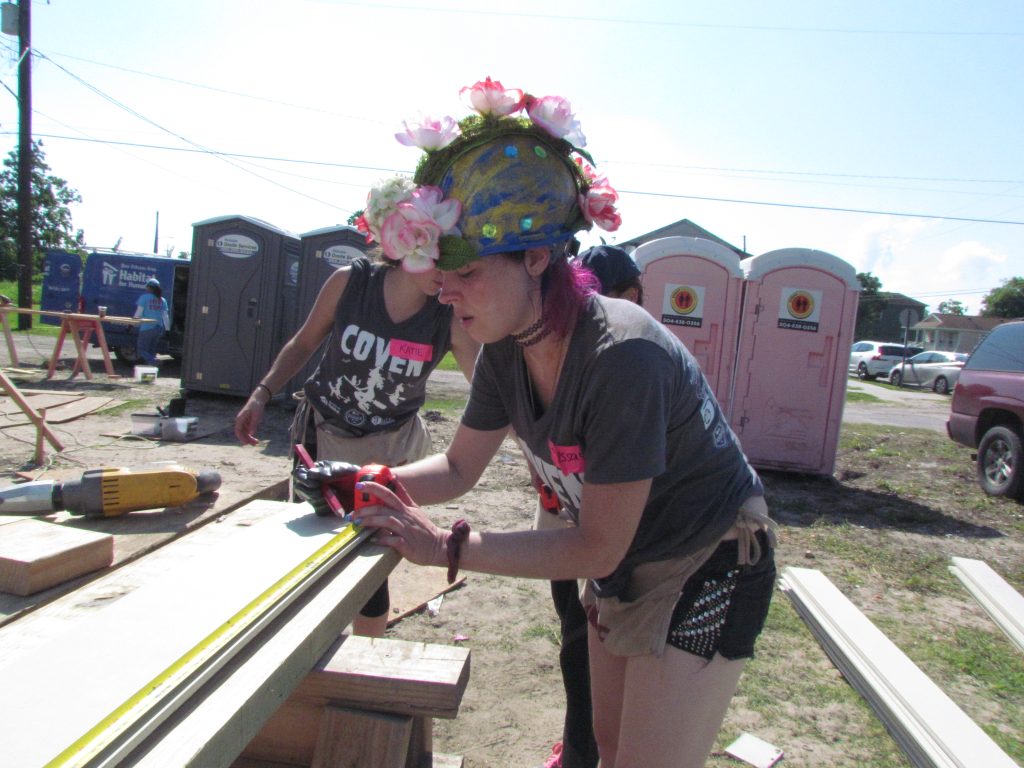 A fancy hard hat on a volunteer at Women Build 2019.